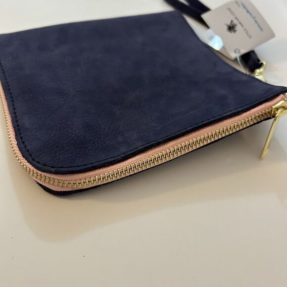 noonday collection Wrist Purse Navy Suede Pink Trim 7” Square W/ Zipper Closure - Picture 2 of 10
